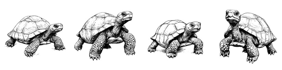 Fototapeta premium Detailed sketches of four distinct turtles in various poses and orientations showcasing their features and textures