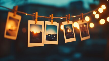 Vintage Polaroid Photos Hanging on a String with Warm Festive Lights