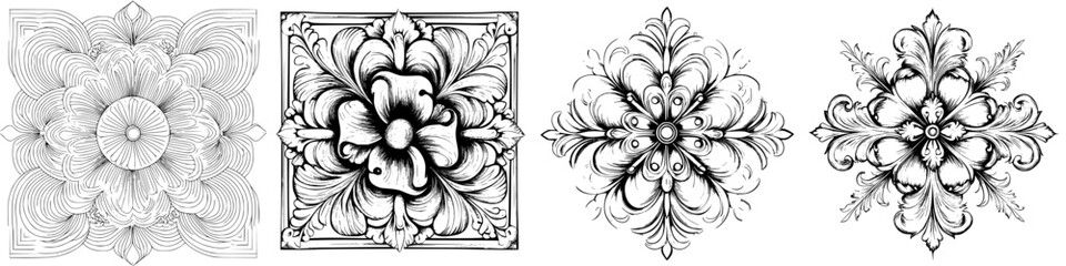Decorative floral patterns showcasing intricate designs in monochrome style