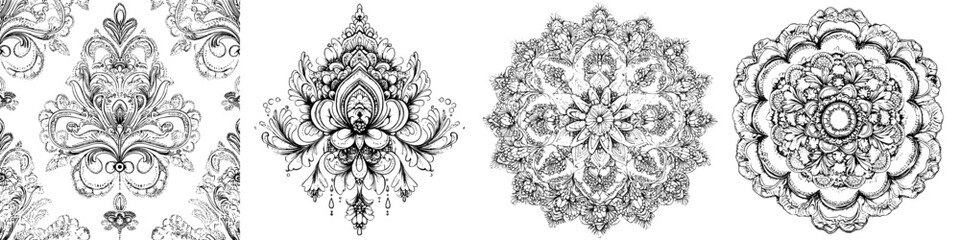 Fototapeta premium Intricate black and white designs showcasing ornate patterns and floral motifs for artistic inspiration
