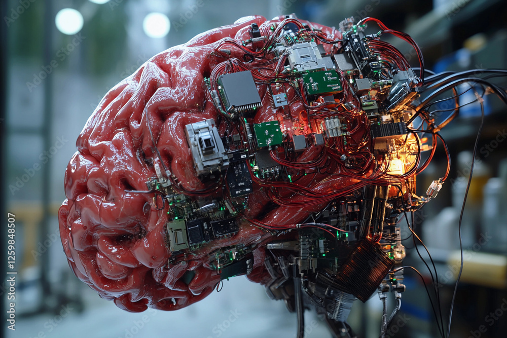 Fototapete futuristic brain design featuring circuit board elements merging technology with organic structure