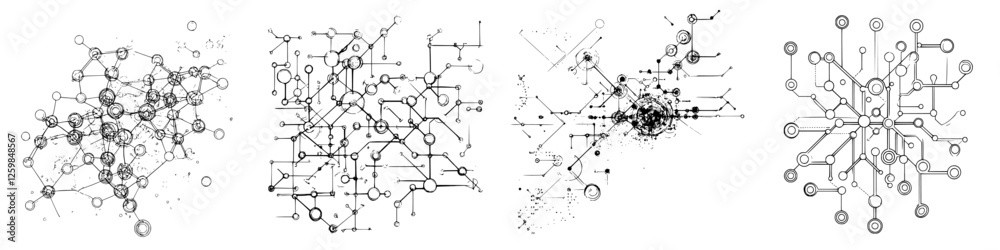 Poster complex network diagrams illustrating various interconnected data structures and relationships over 
