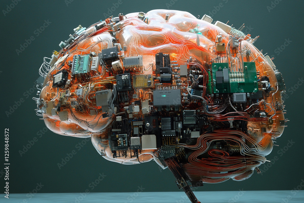 Fototapete futuristic brain design featuring circuit board elements merging technology with organic structure