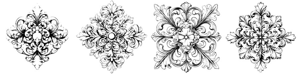 Intricate black and white decorative floral designs suitable for various artistic applications