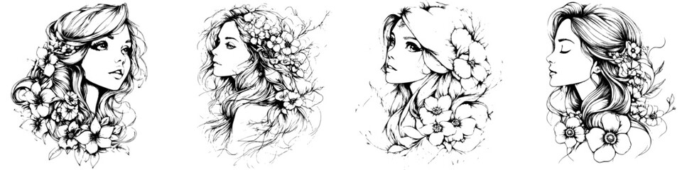 Fototapeta premium Vector illustration featuring woman profiles adorned with flowers and nature elements in a hand-drawn style