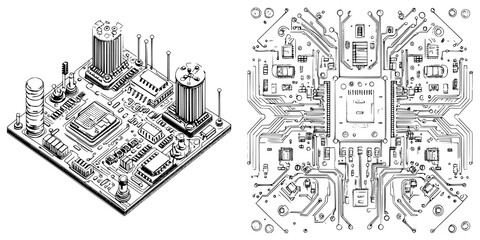 Fototapeta premium Complex circuitry illustration showcasing electronic components in a detailed layout