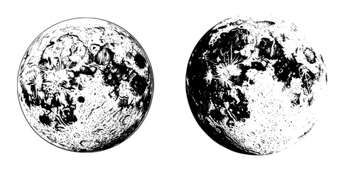 Detailed black and white illustration of two lunar surfaces showcasing craters and geographical features
