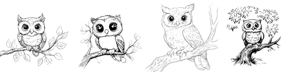 Fototapeta premium Charming hand-drawn vector illustrations of owls perched on branches in a natural setting