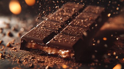 Chocolate bar fracturing in exquisite detail, rich creamy filling bursting out with glossy chocolate edges illuminated by warm cinematic light, photorealistic and vivid textures, ultra hd quality.