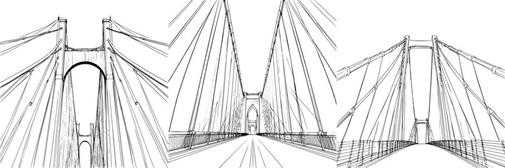 Unique sketches of a cable-stayed bridge showcasing detailed structure and perspective from various angles during the day