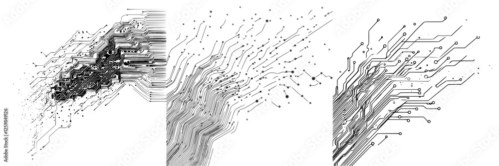 Poster abstract representation of digital circuits illustrating flow and connection among nodes in a techno