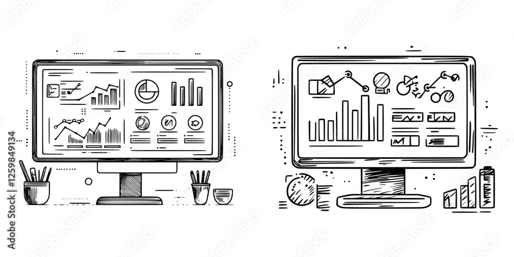 Poster digital dashboards displaying business analytics and performance metrics in an office setting