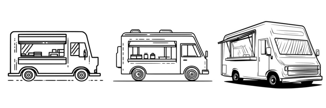 Outline of three distinct food trucks parked on a city street, showcasing diverse culinary options available for the public