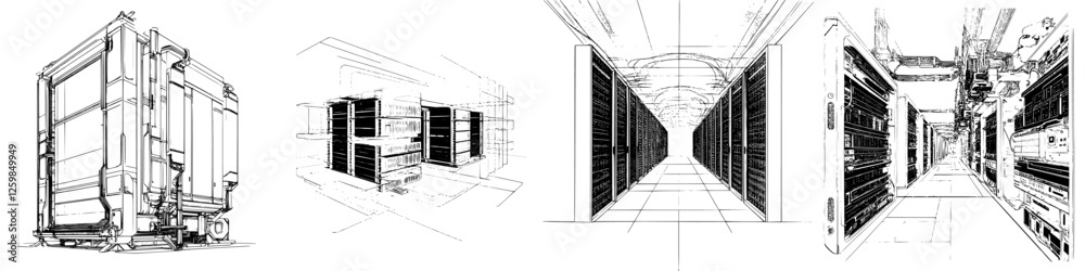 Poster blueprints of a modern data center showcasing server racks and cooling systems in a structured layou
