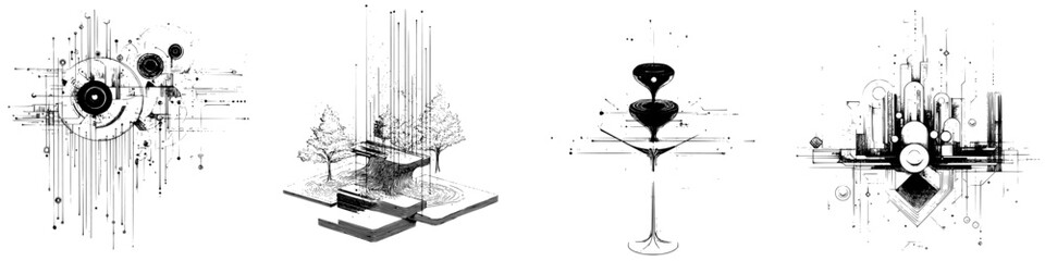 Abstract black and white illustrations featuring geometric shapes, nature elements, and artistic designs with intricate details