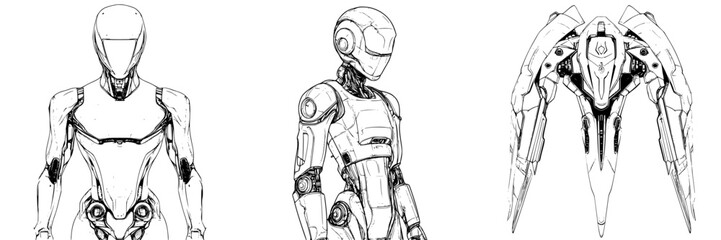 Naklejka premium Robotic characters illustrated with intricate designs showcasing futuristic technology and innovative concepts