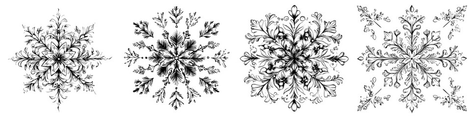 Detailed hand-drawn vector illustrations of intricate floral and snowflake patterns showcasing artistic design elements