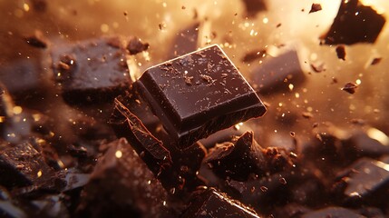 Chocolate bar snapping apart in stunning detail, molten fudge rippling and dripping gently, glossy chocolate shards highlighted with golden backlight, cinematic and photorealistic,