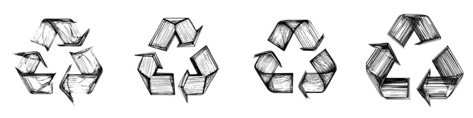 Hand-drawn vector illustrations of recycling symbols showcasing creative designs and variations in style