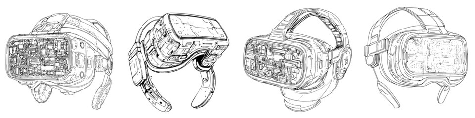 Obraz premium Vector illustration showcasing hand-drawn virtual reality headsets from multiple angles in detailed design