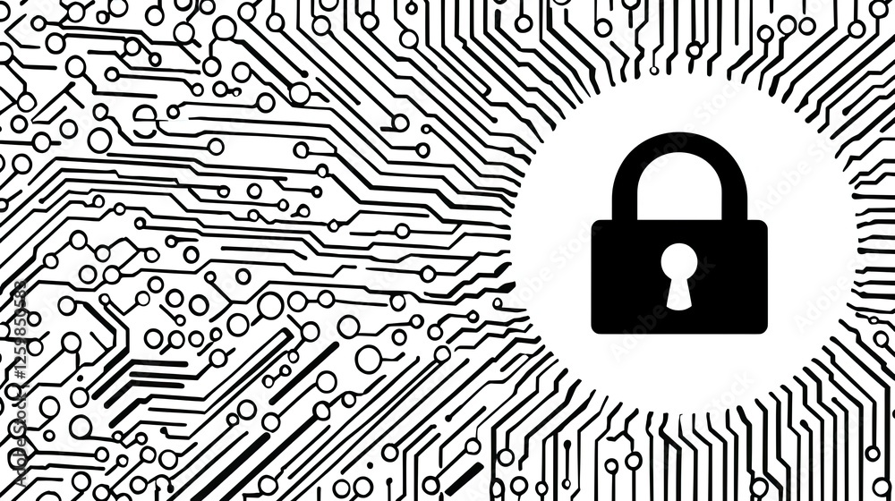 Poster abstract digital security design with complex password fields and multi-layer encryption.