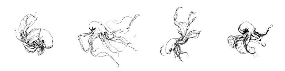 Hand-drawn vector illustration of various jellyfish showcasing intricate details and fluid movement in underwater life