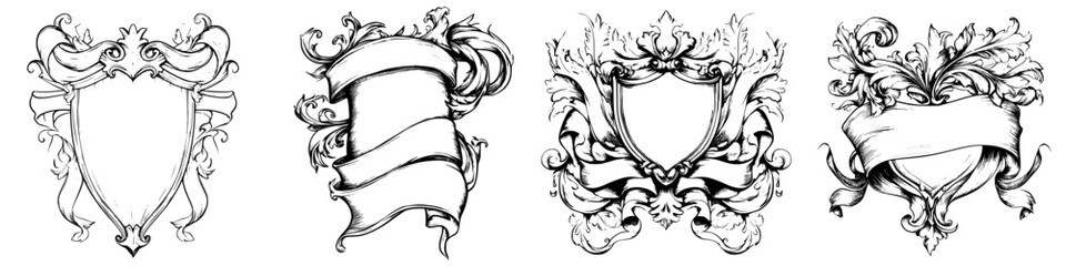Obraz premium Vector illustration of hand-drawn ornate shields with decorative elements and banners in a vintage style