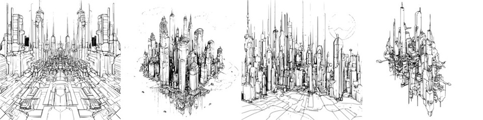 Hand-drawn vector illustration of futuristic cityscapes with intricate details and towering structures
