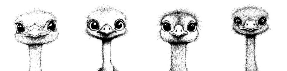Charming hand-drawn vector illustration of adorable ostrich caricatures set against a clean backdrop