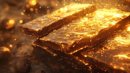 Naklejka premium Chocolate bar snapping in stunning detail, the creamy core flowing slightly, encased by a crunchy textured shell, glossy edges glowing under cinematic golden light,