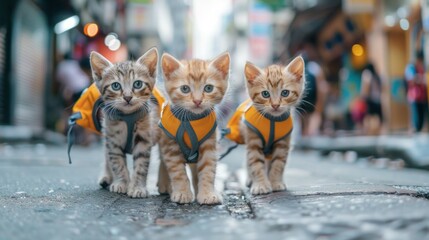 Two cute kittens, wearing school uniforms and carrying school bags, standing and walking in the middle of a busy street