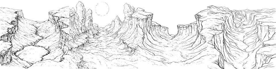 Obraz premium Hand-drawn vector illustration of rugged mountains under a bright sun