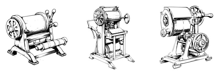 Vector illustration showcasing vintage machinery in hand-drawn style, capturing the essence of old industrial tools with detailed craftsmanship