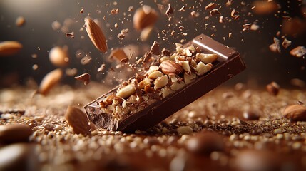 Chocolate bar snapping open, a creamy filling mixed with whole nuts gently spilling out, glossy chocolate shards highlighted by soft golden backlight, photorealistic and ultra-detailed, hd quality.