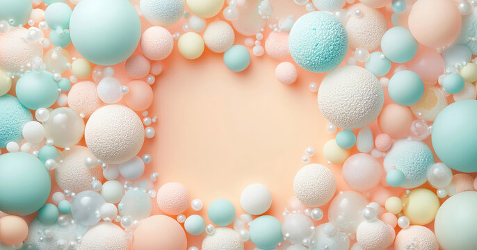 A vibrant composition of floating spheres and textured shapes in soft peach, pink, and light blue tones, with a central empty space ideal for text placement in creative designs and advertisements.