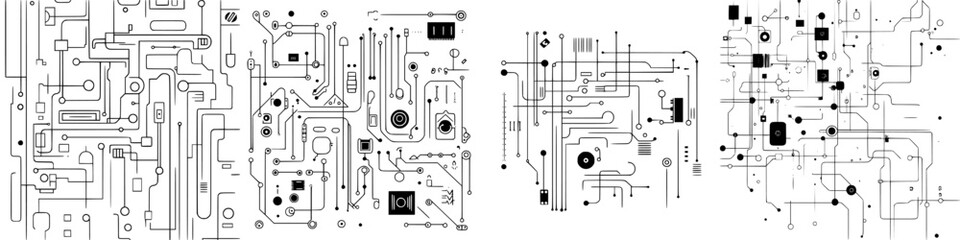 Vector illustration in hand-drawn style depicting abstract circuit patterns and designs in monochrome palette