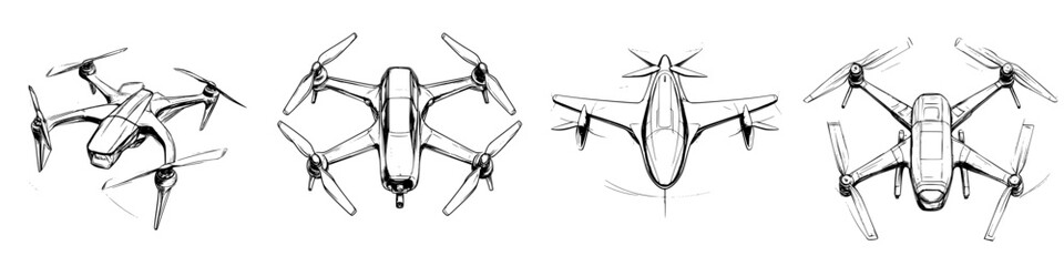 Hand-drawn vector illustration of various drone designs showcasing innovative technology and creativity