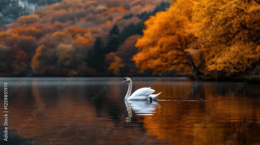 Poster a swan is swimming in a lake surrounded by trees