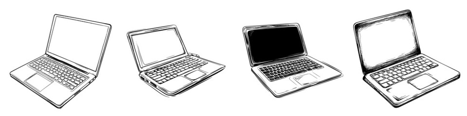 Hand-drawn vector illustration of various laptop designs showcasing different angles and screens