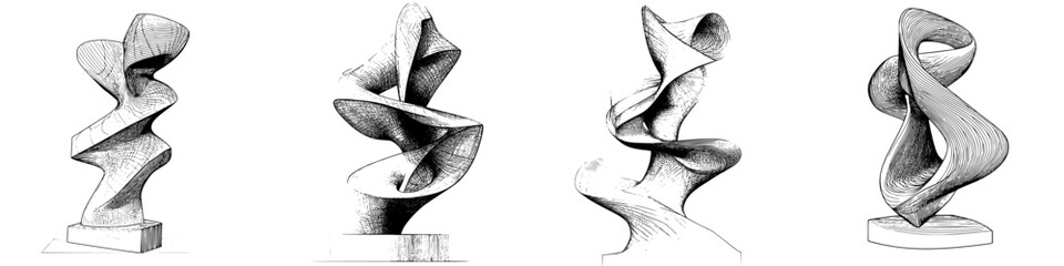 Elegant hand-drawn vector illustrations of abstract sculptures with twisting forms showcasing artistic design and creativity