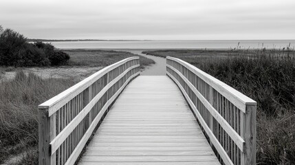 Gray Day Wooden Bridge Over Marsh to Ocean