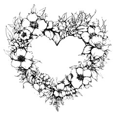Naklejka premium Hand-drawn floral heart illustration featuring various flowers and intricate details in a delicate style