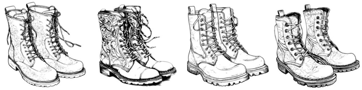 Hand-drawn vector illustration of various styles of rugged boots showcasing unique designs and textures