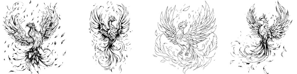 Fototapeta premium Hand-drawn vector illustrations of majestic mythical phoenixes in various artistic styles