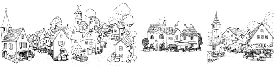 Obraz premium Charming hand-drawn village scene with detailed houses, trees, and market stalls during a sunny day