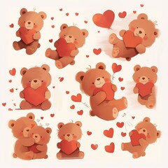 Fototapeta premium Super Cute Cartoon Bear with Hearts – Emoticon Set with Various Adorable