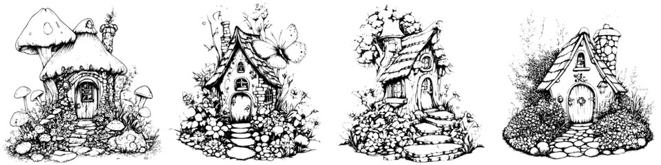 Charming hand-drawn vector illustration of whimsical houses surrounded by nature