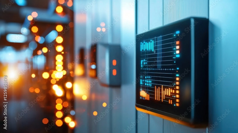 Poster data analytics dashboard with various financial graphs and charts on a digital display screen