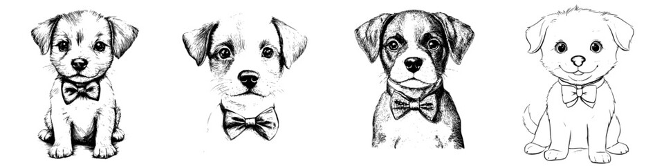 Fototapeta premium Cute hand-drawn vector illustrations of playful puppies wearing bow ties, perfect for children's decor or pet-related designs