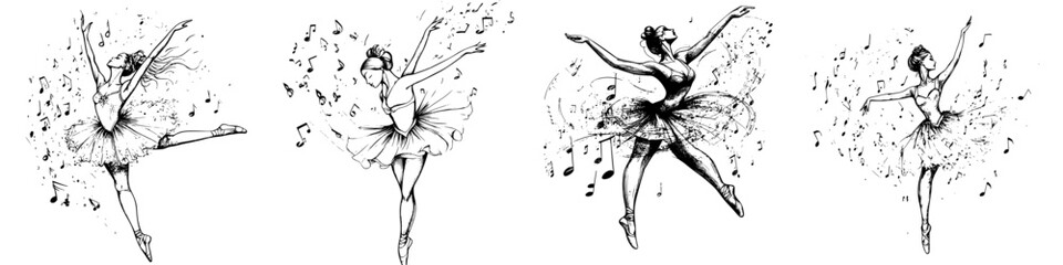Dancers gracefully performing ballet in a hand-drawn vector illustration full of musical notes and dynamic movement